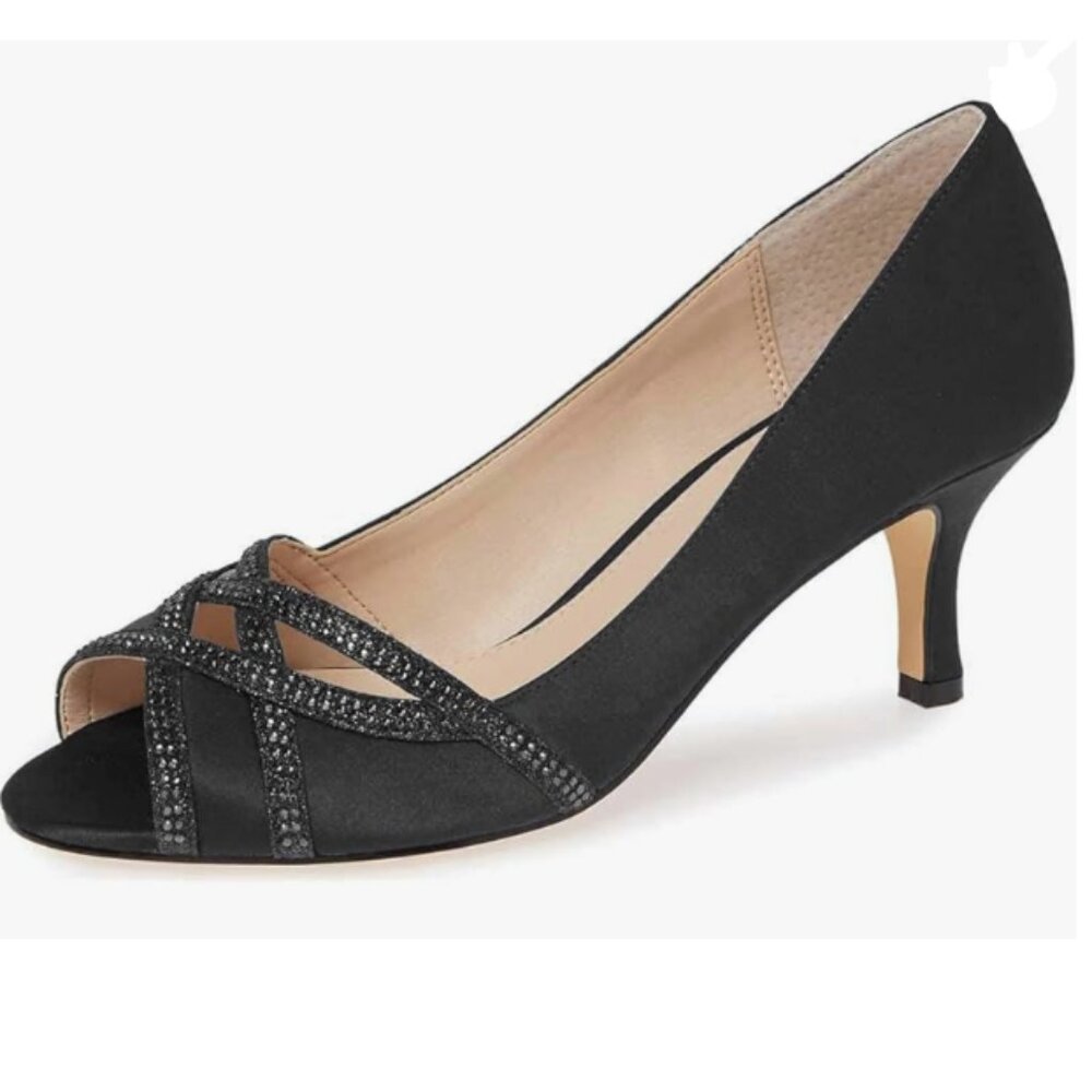 XYD Black Prom Wedding Low Heels Dress Pumps Peep Toe Slip on Rhinestones Shoes
